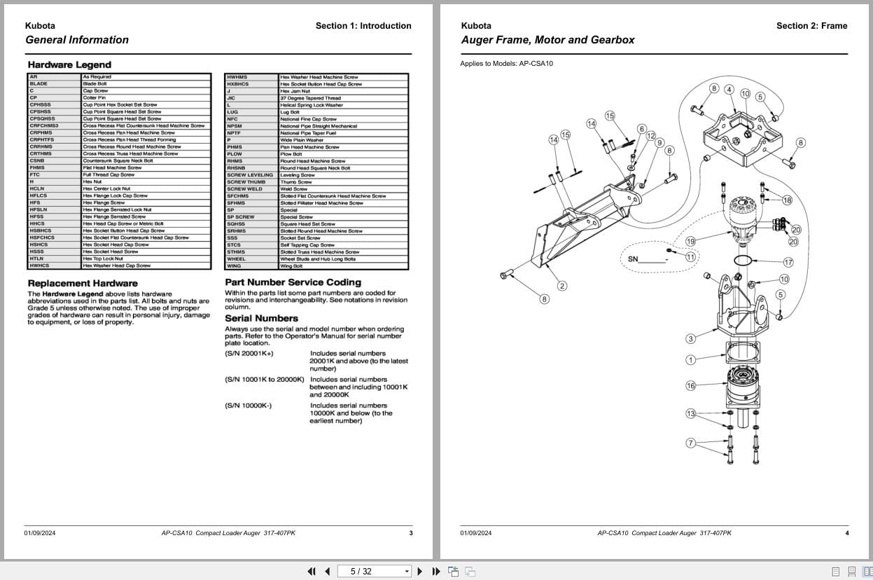 Kubota Compact Loader Auger AP CSA10 Parts Manual 317 407PK (2)
