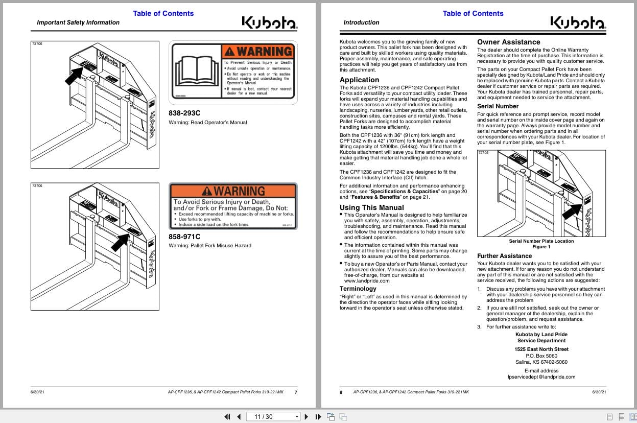 Kubota Compact Pallet Forks AP CPF1236 AP CPF1242 Operation Manual 319 221MK (2)
