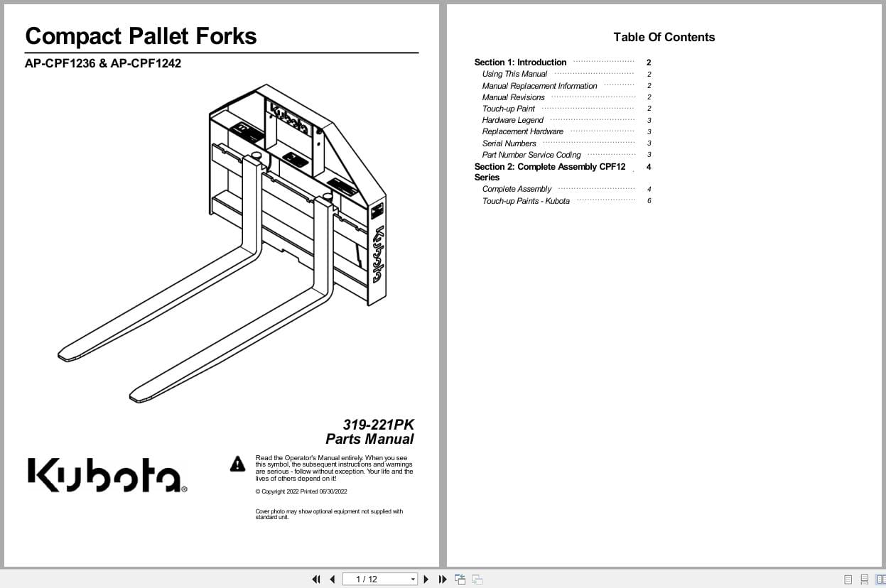 Kubota Compact Pallet Forks AP CPF1236 AP CPF1242 Parts Manual 319 221PK (1)