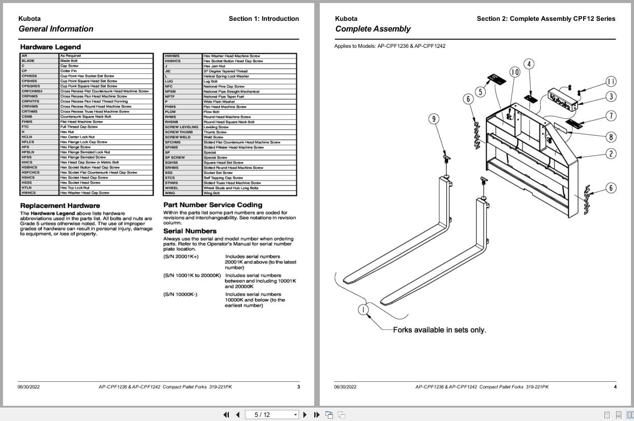 Kubota Compact Pallet Forks AP CPF1236 AP CPF1242 Parts Manual 319 221PK (2)