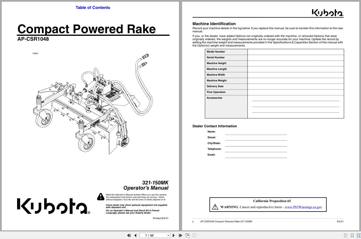 Kubota Compact Powered Rake AP CSR1048 Operating Manual 321 150MK (1)