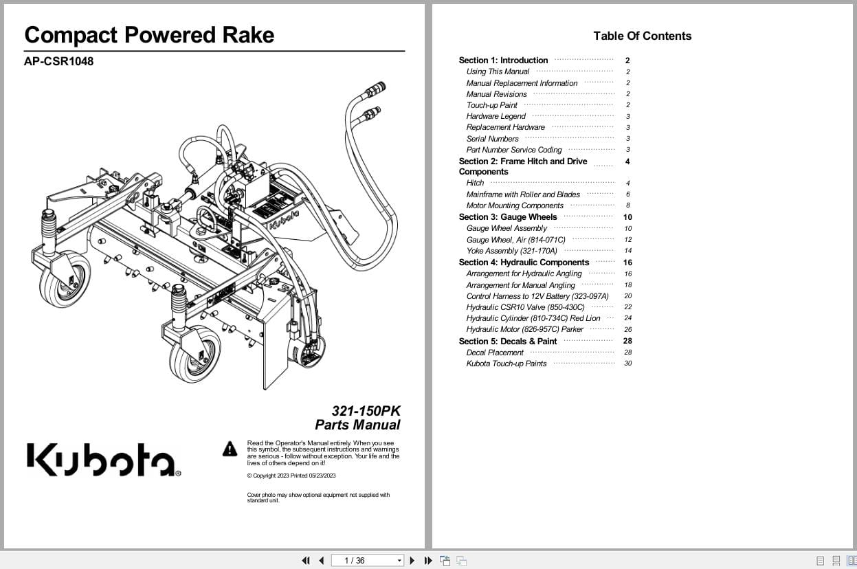 Kubota Compact Powered Rakes AP CSR1048 Parts Manual 321 150PK (1)