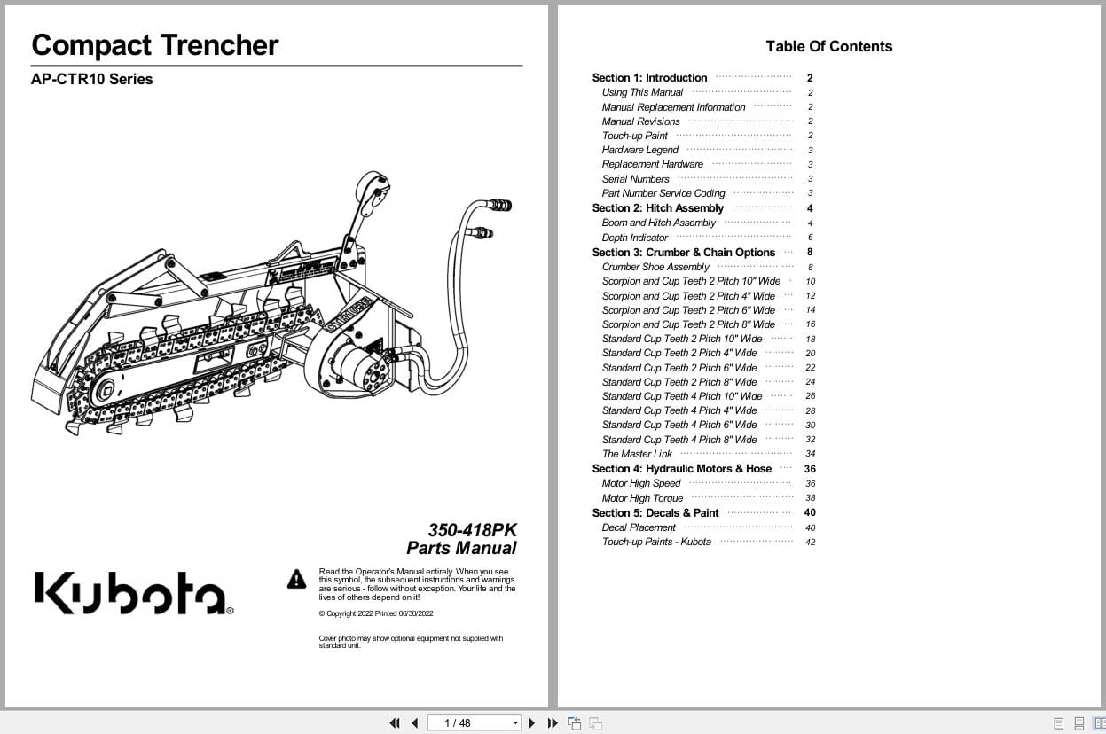 Kubota Compact Trencher AP CTR10 Series Parts Manual 350 418PK (1)