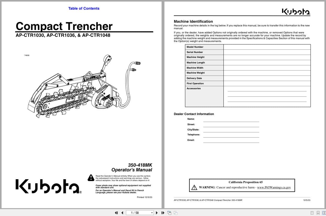 Kubota Compact Trencher AP CTR1030 AP CTR1036 AP CTR1048 Operation Manual 350 418MK (1)