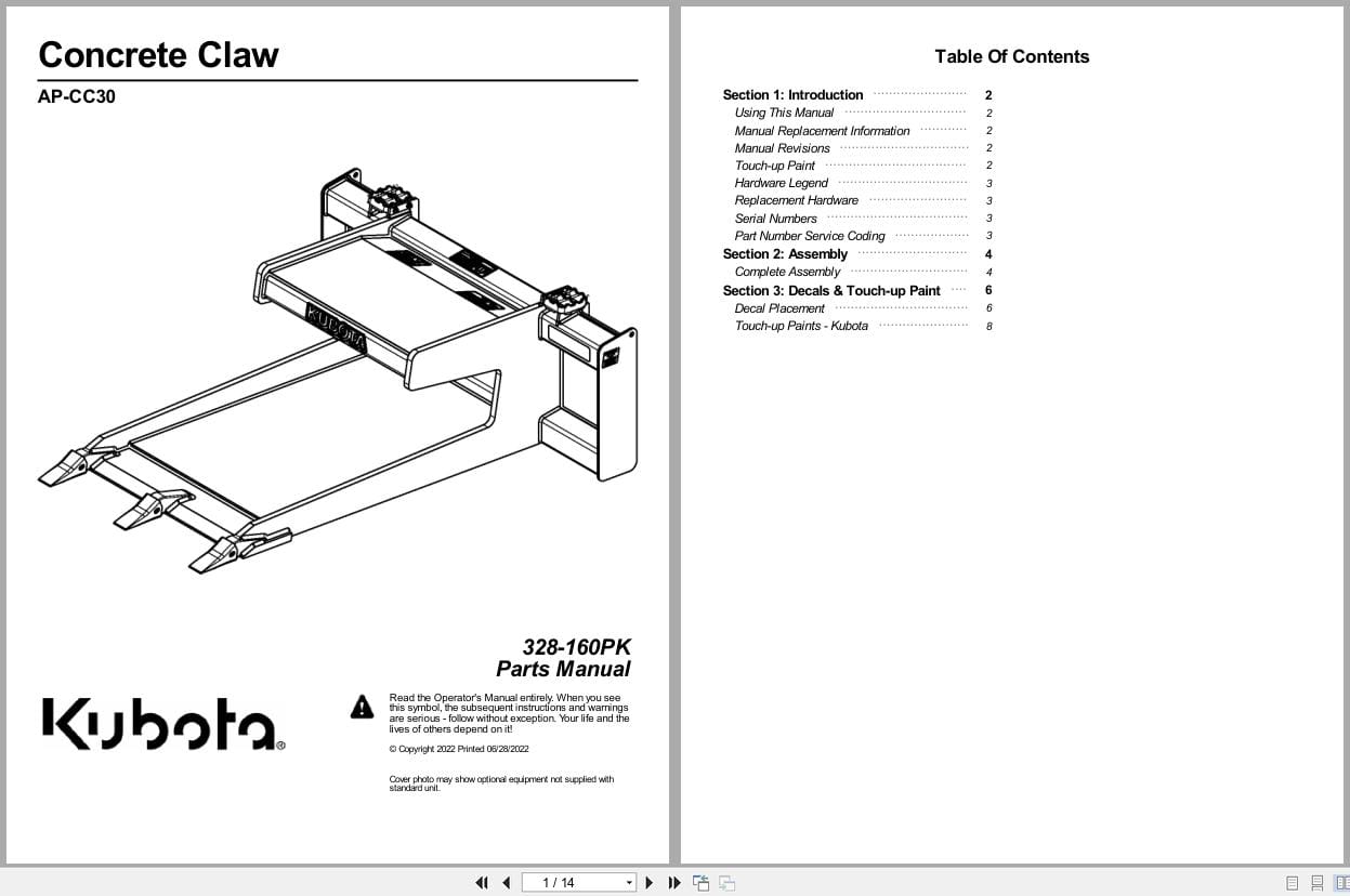 Kubota Concrete Claw AP CC30 Parts Manual 328 160PK (1)