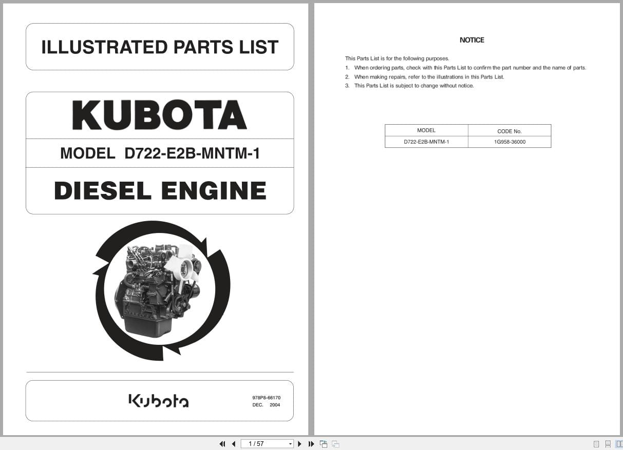Kubota Diesel Engine D772 E2B MNTM 1 Illustrated Parts List 978P8 66170 2004 (1)