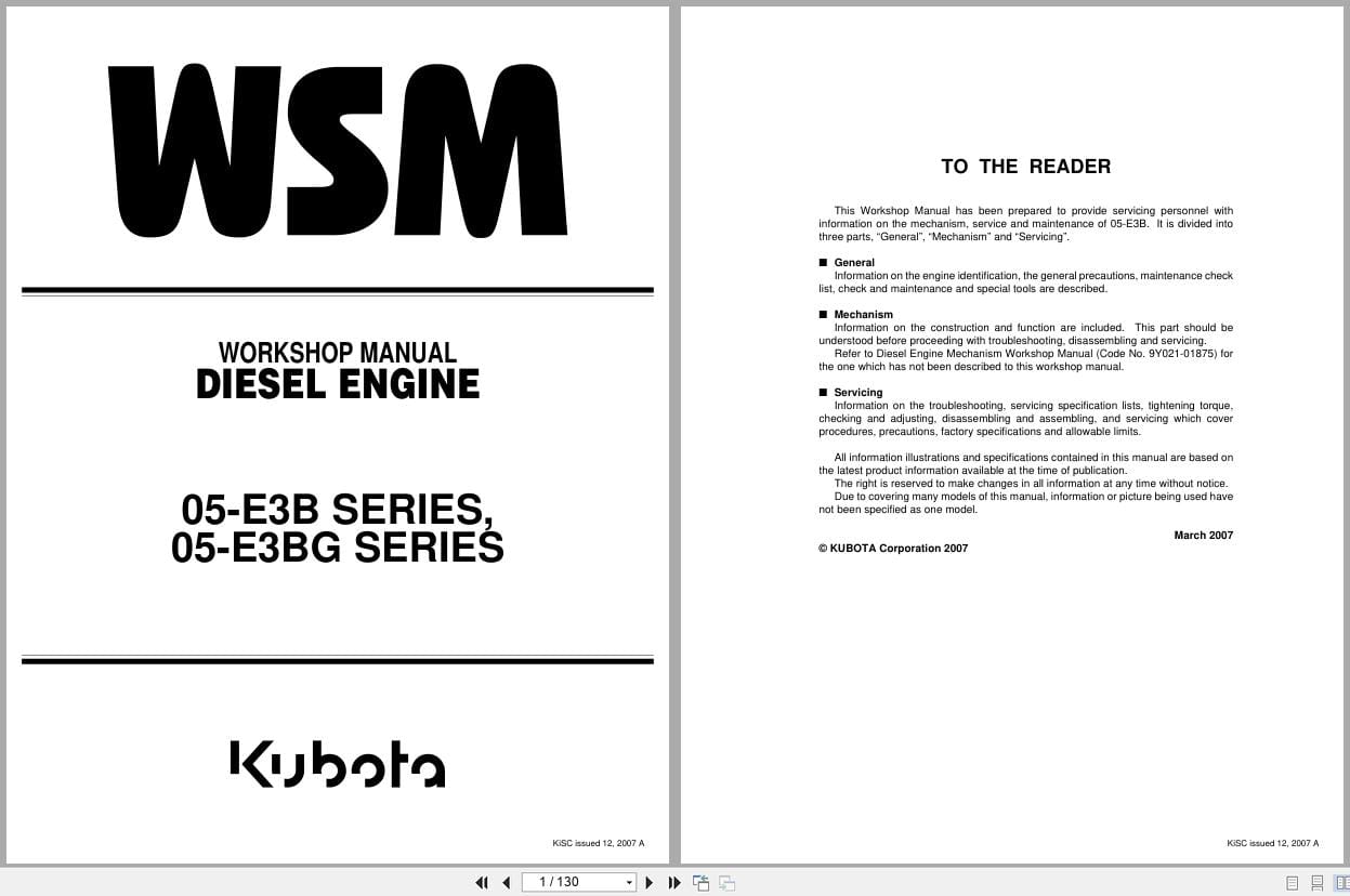 Kubota Engine 05 E3B 05 E3BG Series Workshop Manual 9Y111 00123 2007 (1)
