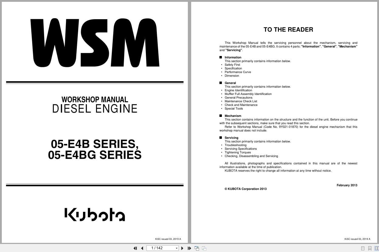Kubota Engine 05 E4B 05 E4BG Series Workshop Manual 9Y111 07843 2019 (1)