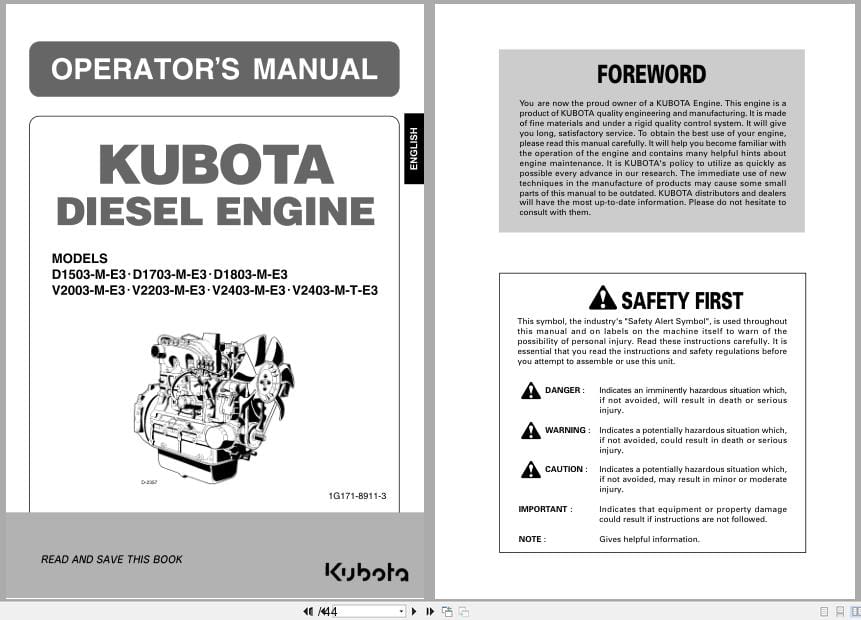 Kubota Engine D1503 M E3 To V2403 M T E3 Operators Manual 1G171 8911 3 (1)