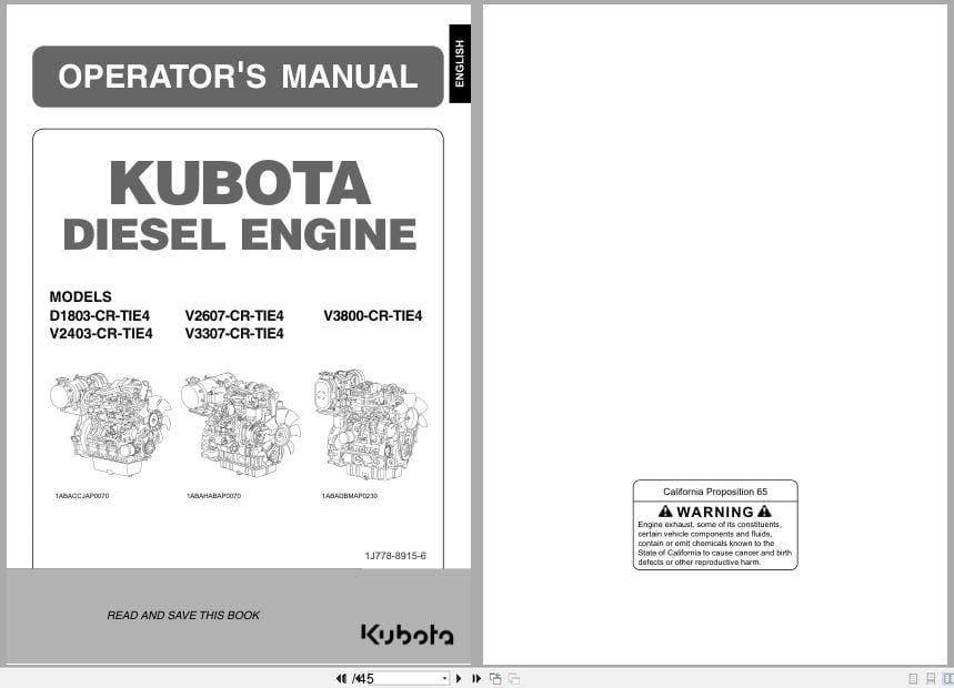 Kubota Engine D1803 CR TIE4 To V3800 CR TIE4 Operators Manual 1J778 8915 6 (1)