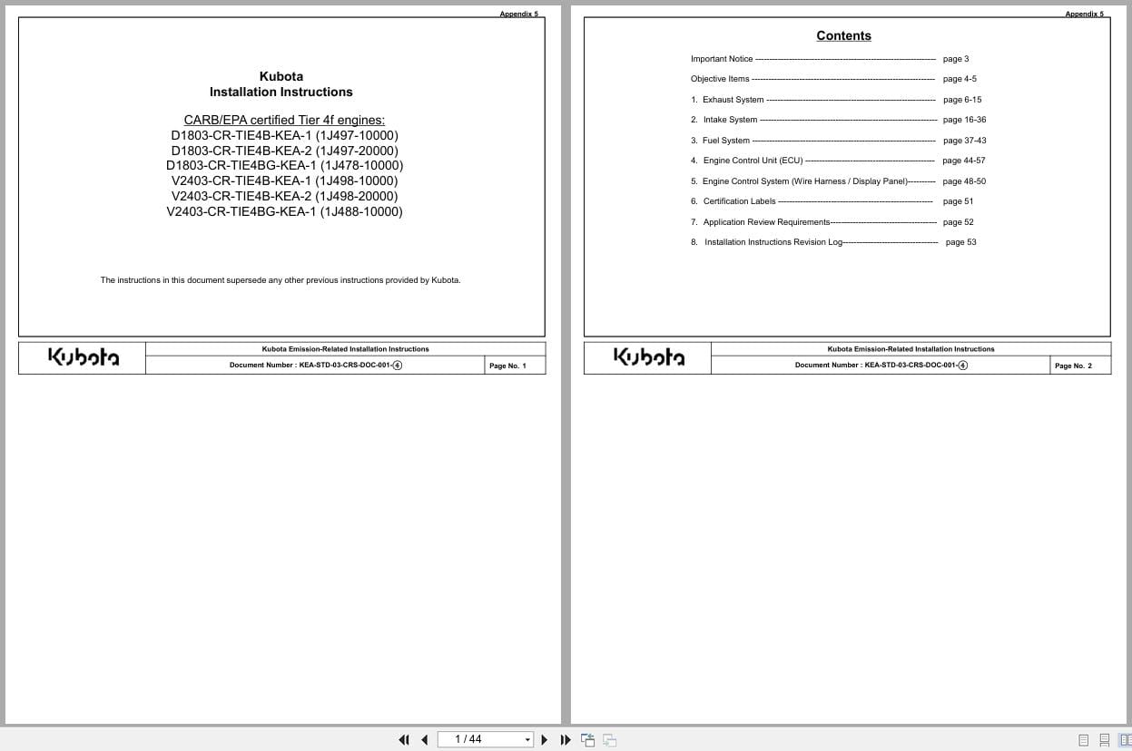 Kubota Engine D1803 CR TIE4B KEA 1 To V2403 CR TIE4BG KEA 1 Installation Instructions (1)
