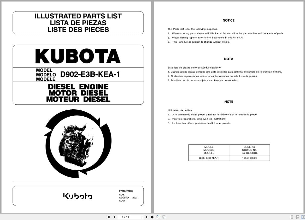 Kubota Engine D902 E3B KEA 1 Illustrated Parts List 97898 72270 2007 EN ES FR (1)