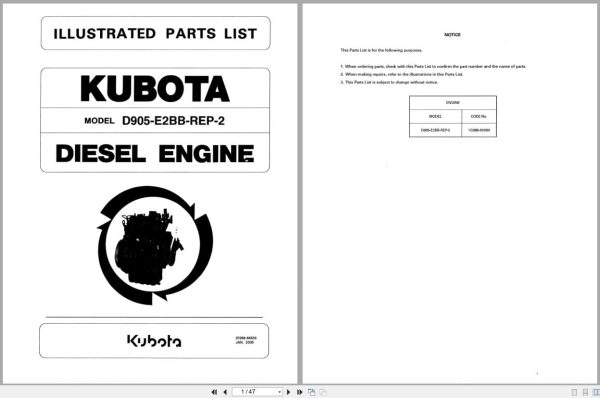Kubota Engine D905 E2BB REP 2 Illustrated Parts List 97898 66630 2005 (1)