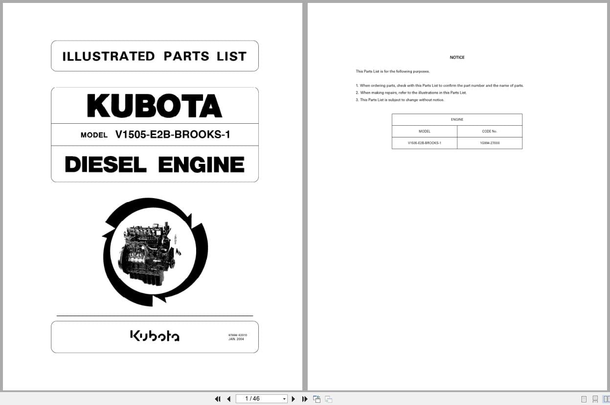 Kubota Engine V1505 E2B BROOKS 1 Illustrated Parts List 97898 62310 2004 (1)