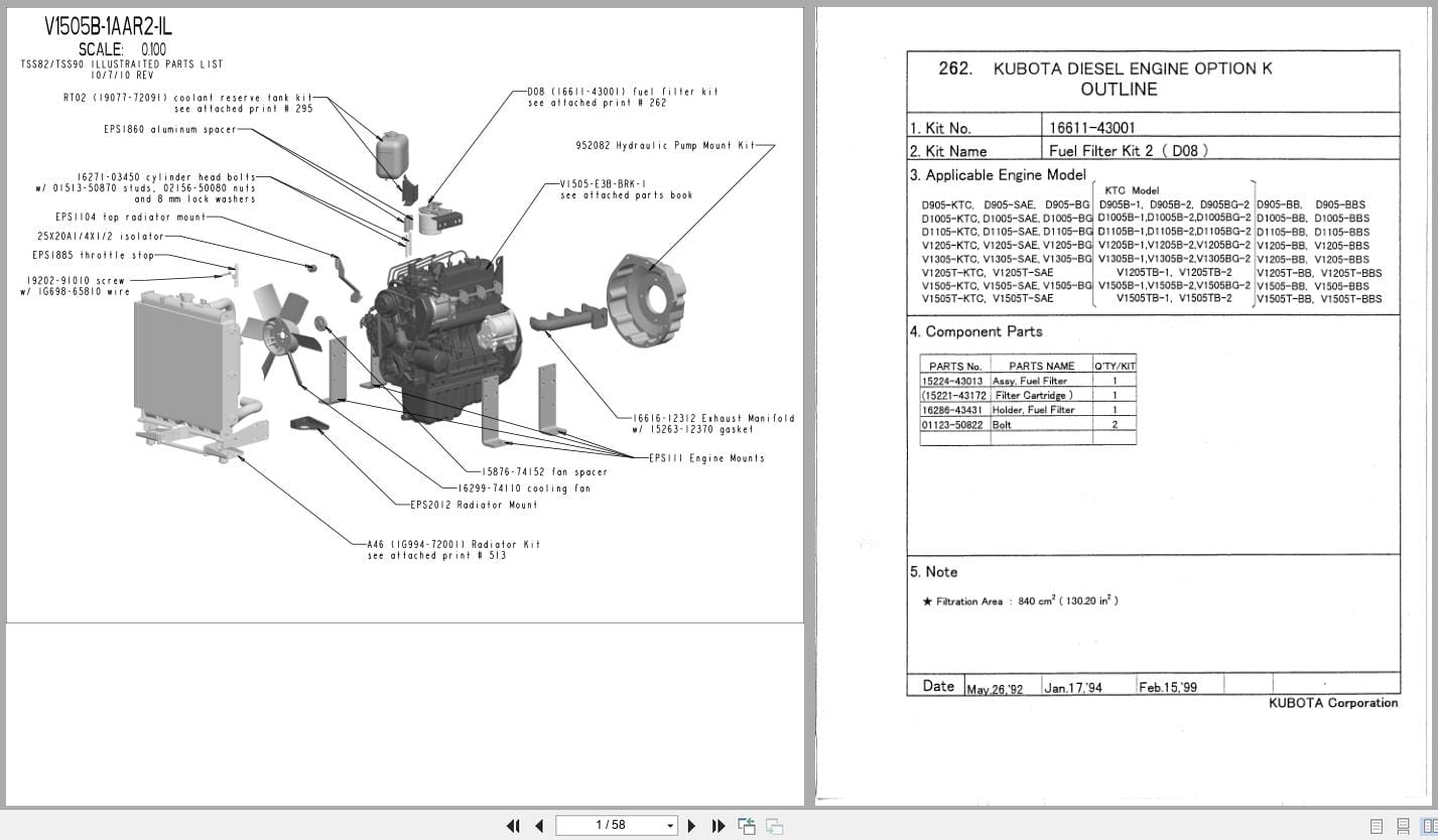Kubota Engine V1505 E3B BRK 1 Illustrated Parts List 97898 73550 2008 EN ES FR (1)
