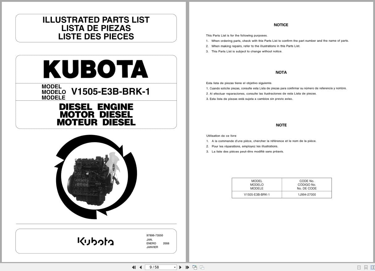 Kubota Engine V1505 E3B BRK 1 Illustrated Parts List 97898 73550 2008 EN ES FR (3)