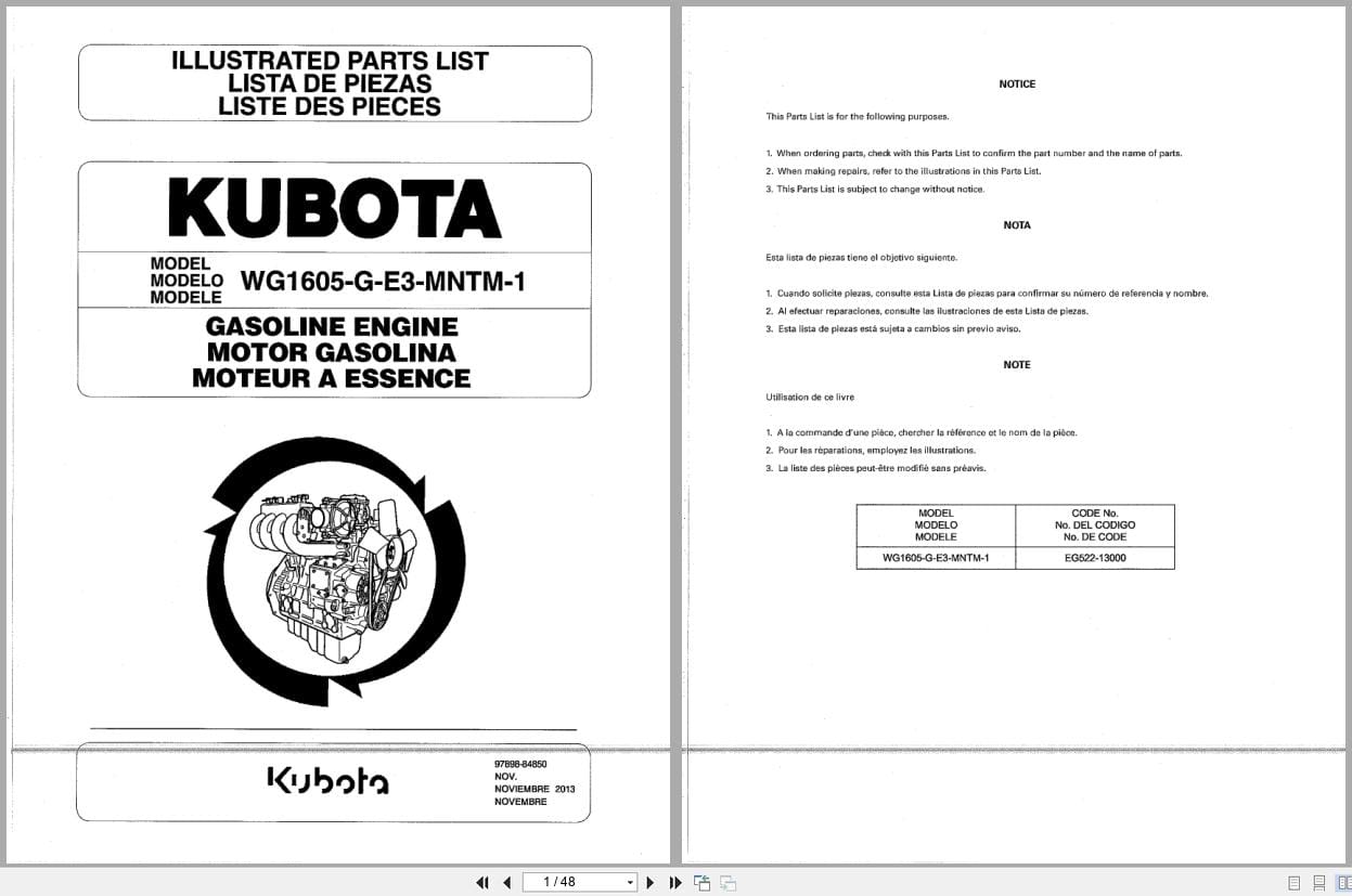Kubota Engine WG1605 G E3 MNTM 1 Illustrated Parts List 97898 84850 2013 EN ES FR (1)