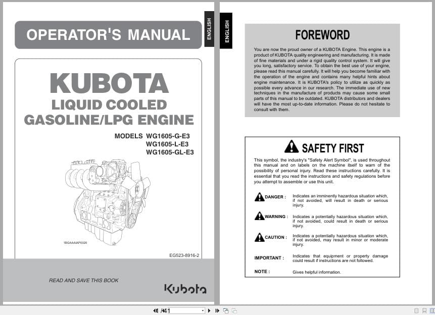Kubota Engine WG1605 G E3 WG1605 L E3 WG1605 GL E3 Operators Manual EG523 8916 2 (1)