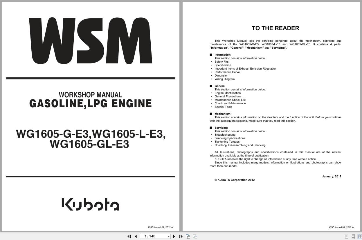 Kubota Engine WG1605 G E3 WG1605 L E3 WG1605 GL E3 Workshop Manual 9Y111 06610 2012 (1)