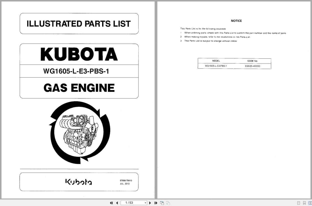 Kubota Engine WG1605 L E3 PBS 1 Illustrated Parts List 97898 79910 2012 (1)