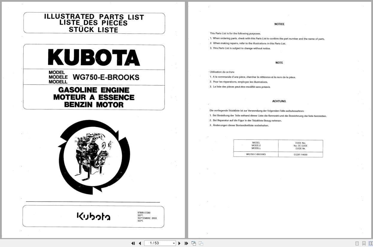 Kubota Engine WG750 E BROOKS Illustrated Parts List 97898 57280 2003 EN FR DE (1)