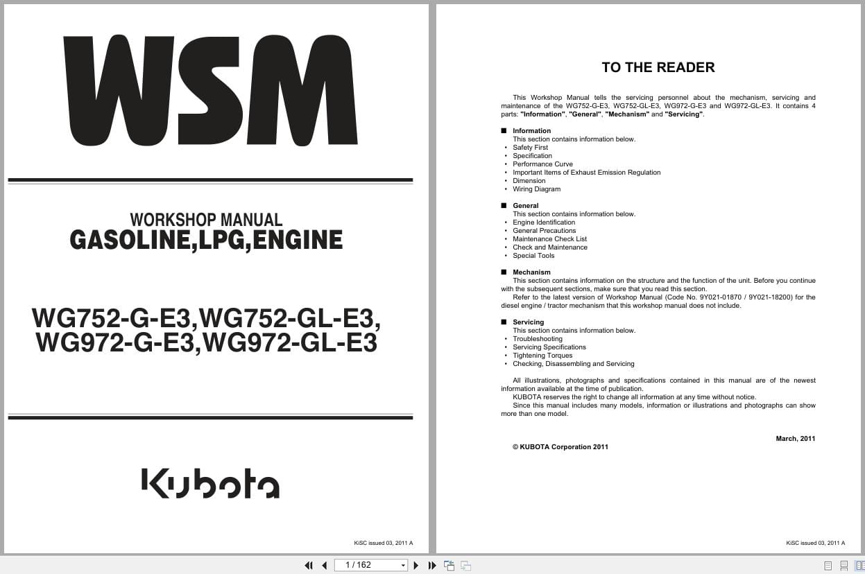 Kubota Engine WG752 G E3 To WG972 GL E3 Workshop Manual 9Y111 05710 2011 (1)