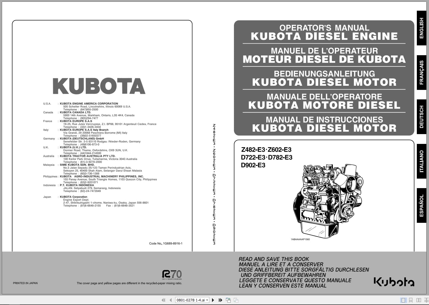 Kubota Engine Z482 E3 To D902 E3 Operators Manual 1G689 8916 1 EN FR DE IT (1)