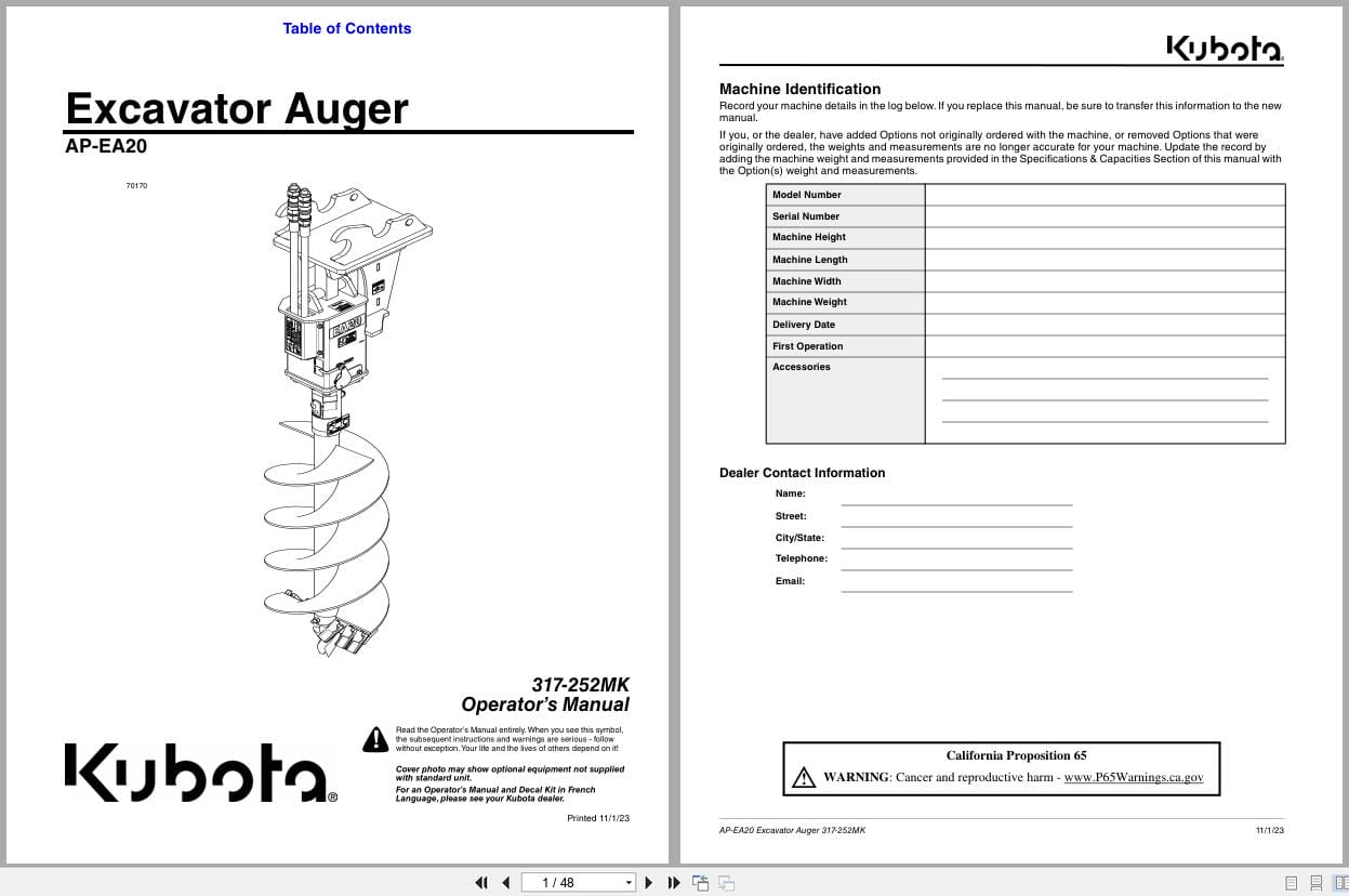 Kubota Excavator Auger AP EA20 Operation Manual 317 252MK (1)