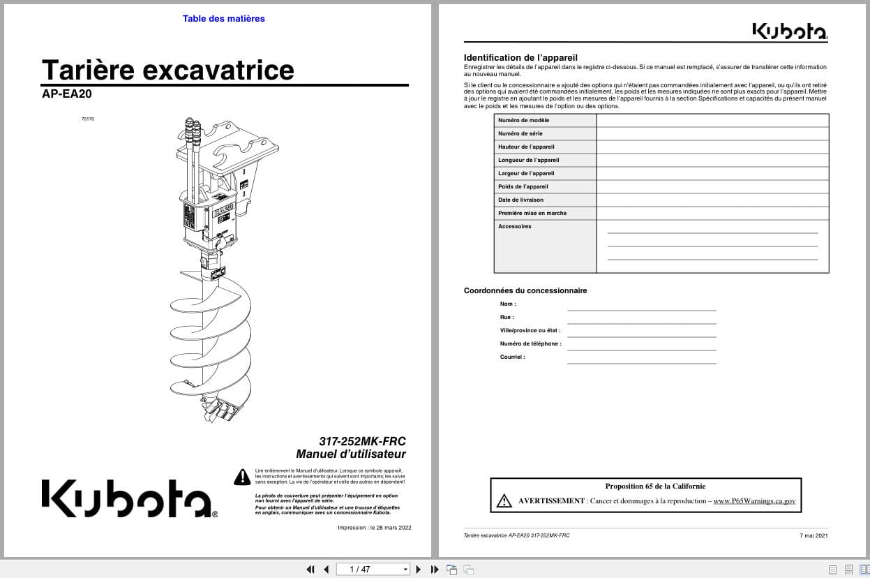 Kubota Excavator Auger AP EA20 Operator Manual 317 252MK FRC FR (1)