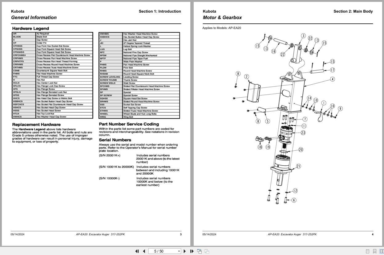 Kubota Excavator Auger AP EA20 Parts Manual 317 252PK (2)