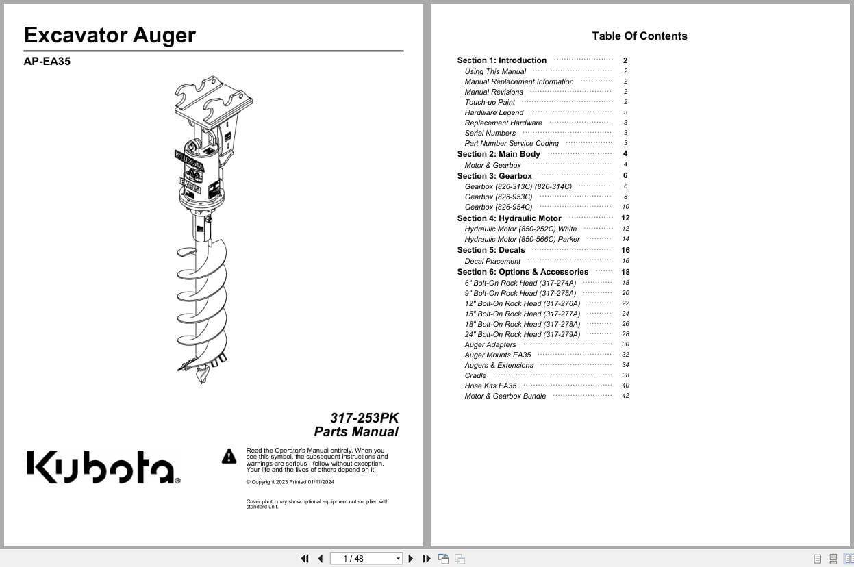 Kubota Excavator Auger AP EA35 Parts Manual 317 253PK (1)
