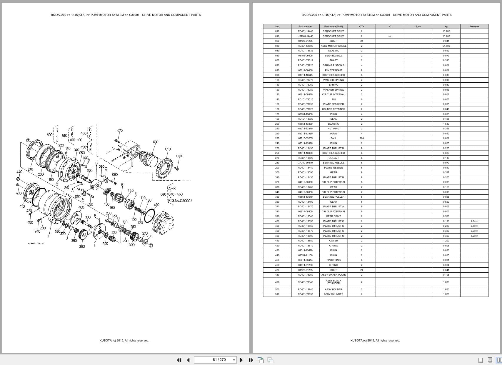 Kubota Excavator U 45 U 45KTA Australia Parts Catalog (2)