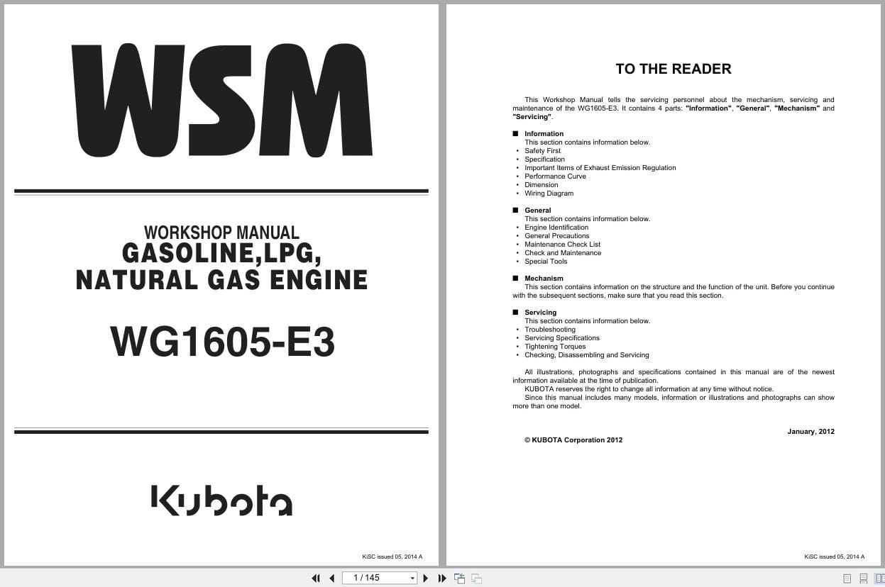 Kubota Gasoline LPG Natural Gas Engine WG1605 E3 Workshop Manual 9Y111 06612 2014 (1)