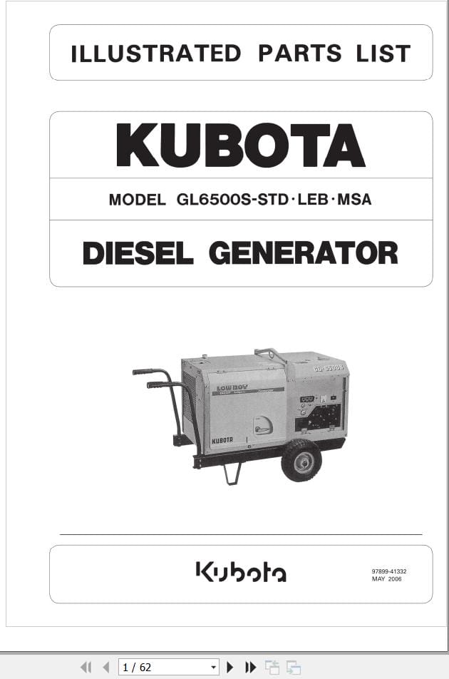 Kubota Generator GL6500S STD GL6500S LEB GL6500S MSA Parts Catalog 97899 41332 (1)