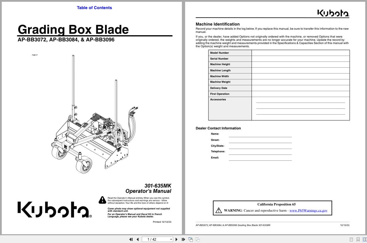 Kubota Grading Box Blade AP BB3072 AP BB3084 AP BB3096 Operating Manual 301 635MK (1)