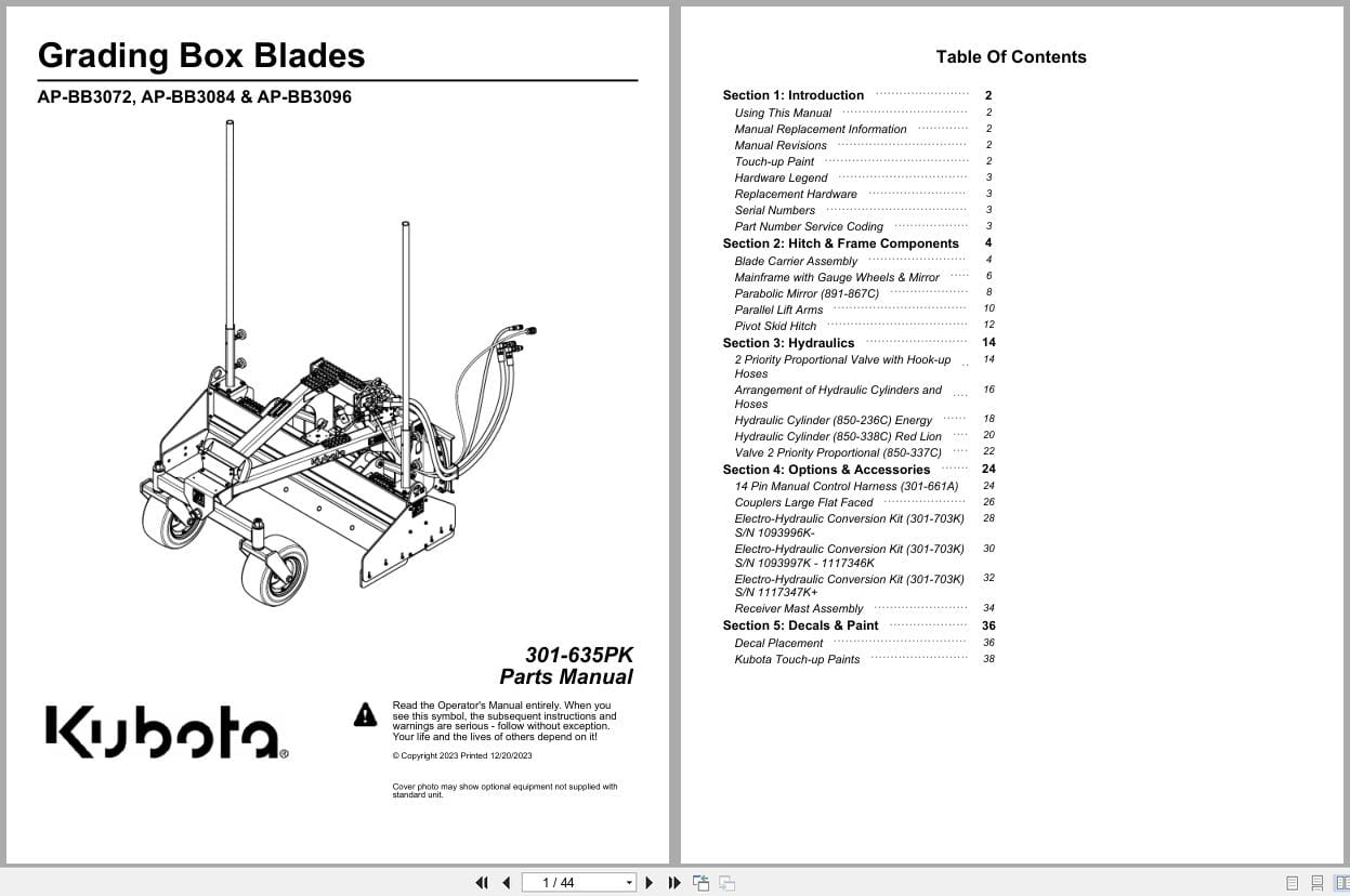 Kubota Grading Box Blades AP BB3072 AP BB3084 AP BB3096 Parts Manual 301 635PK (1)