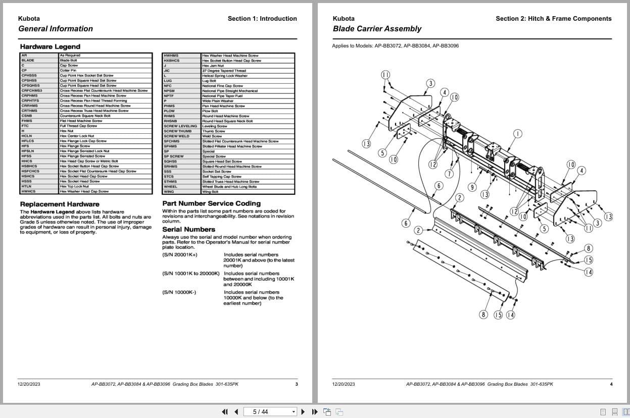 Kubota Grading Box Blades AP BB3072 AP BB3084 AP BB3096 Parts Manual 301 635PK (2)