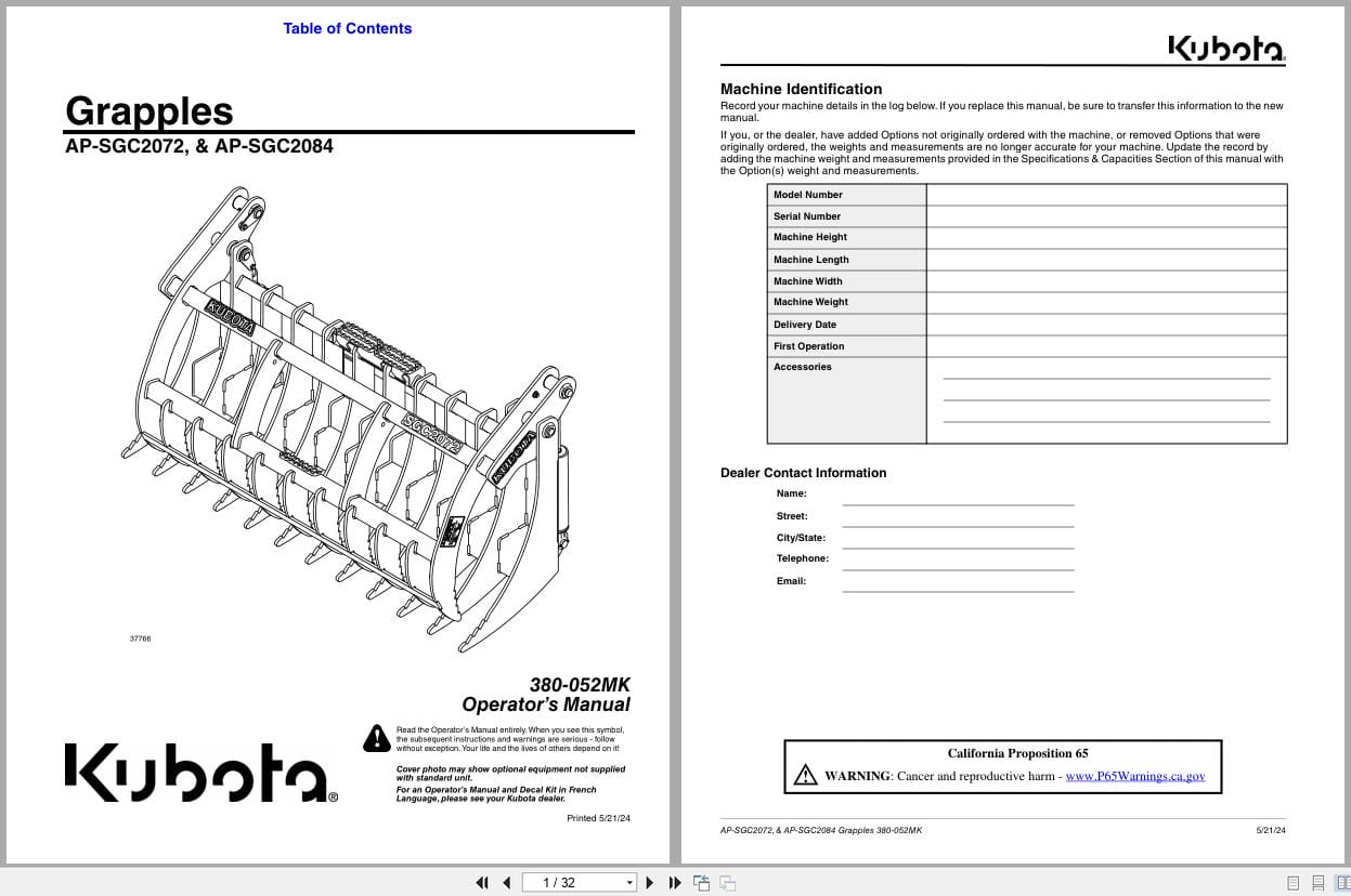 Kubota Grapples AP SGC2072 AP SGC2084 Operating Manual 380 052MK (1)