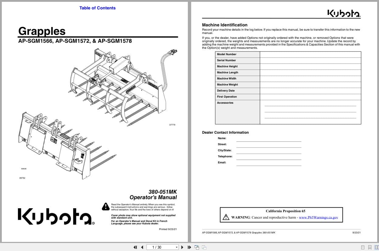 Kubota Grapples AP SGM1566 AP SGM1572 AP SGM1578 Operating Manual 380 051MK (1)