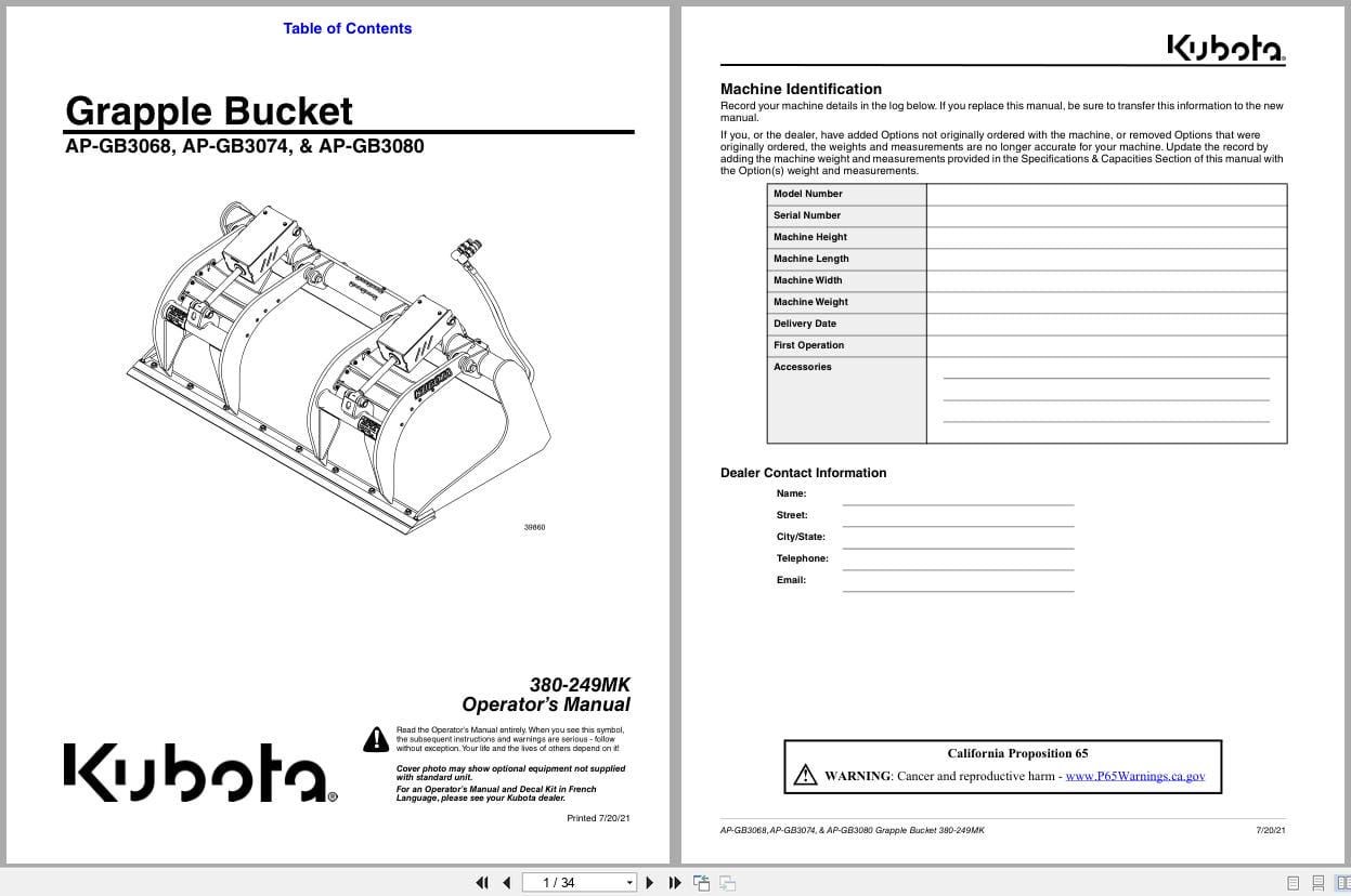 Kubota Grapples Bucket AP GB3068 AP GB3074 AP GB3080 Operation Manual 380 249MK (1)