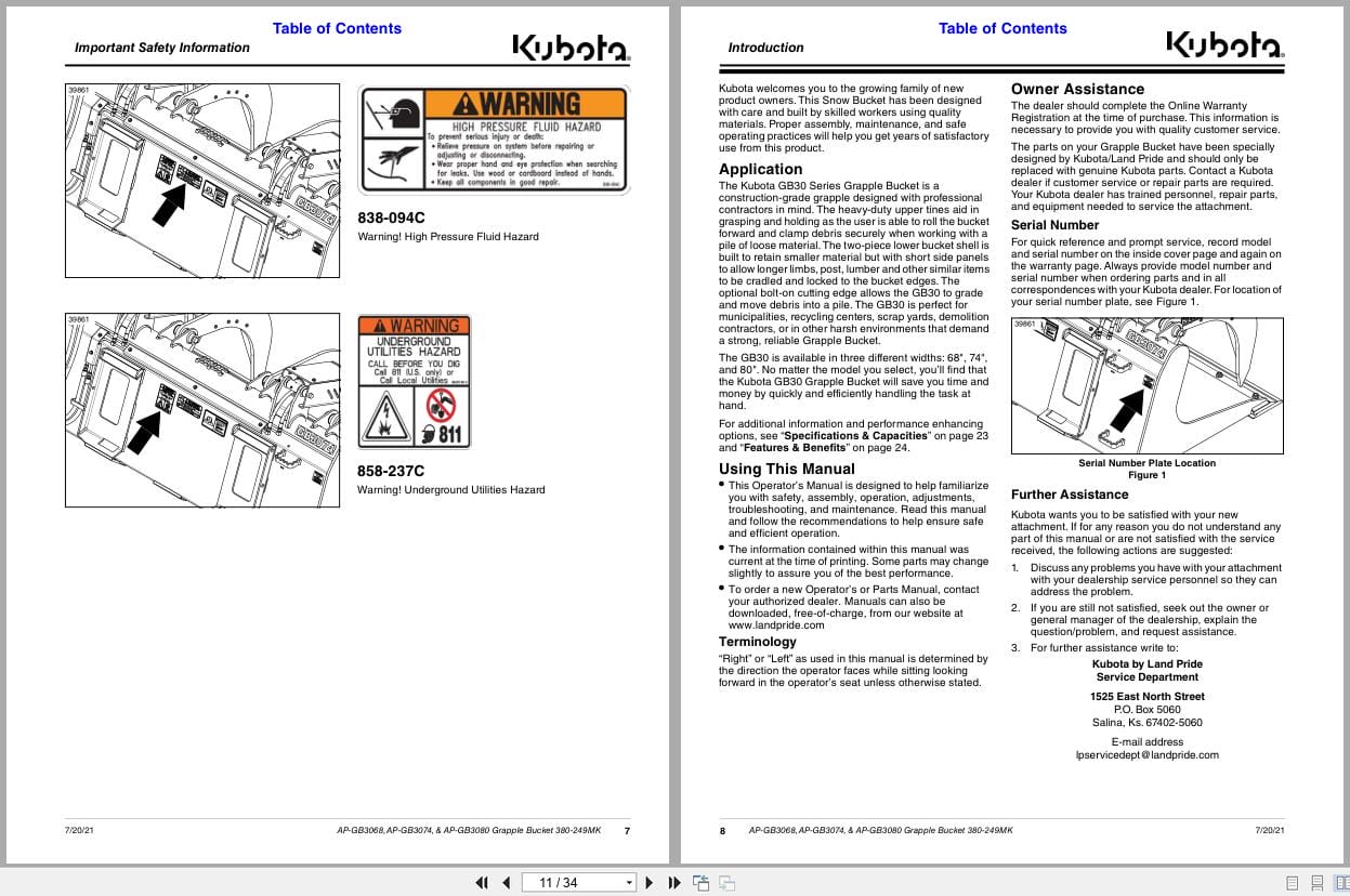 Kubota Grapples Bucket AP GB3068 AP GB3074 AP GB3080 Operation Manual 380 249MK (2)