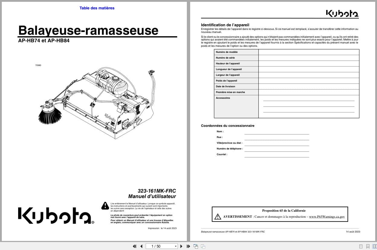 Kubota Hopper Broom AP HB74 AP HB84 Operator Manual 323 161MK FRC FR (1)