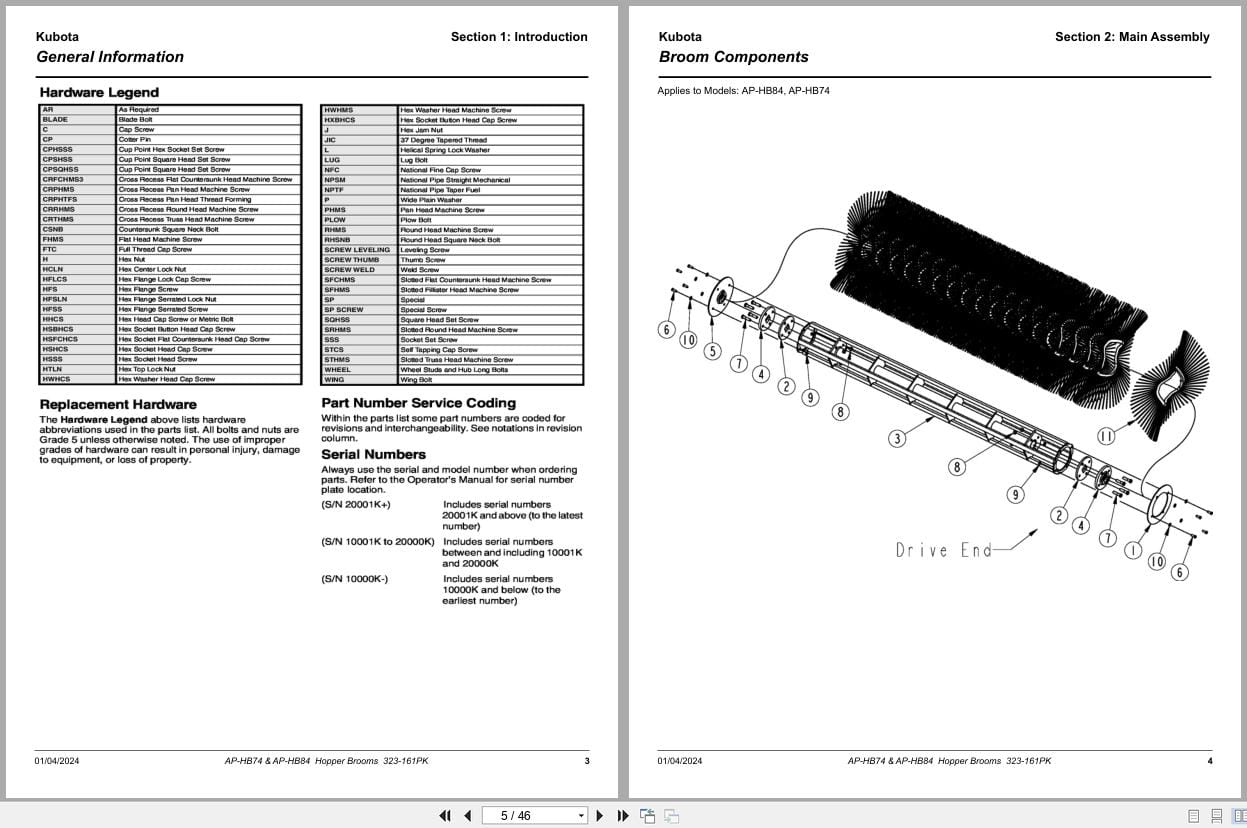 Kubota Hopper Brooms AP HB74 AP HB84 Parts Manual 323 161PK (2)