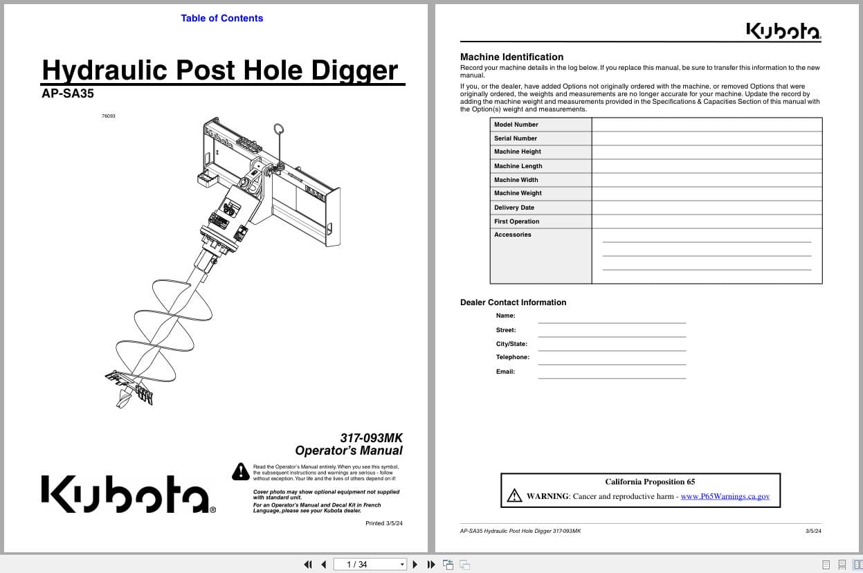 Kubota Hydraulic Post Hole Digger AP SA35 Operation Manual 317 093MK (1)