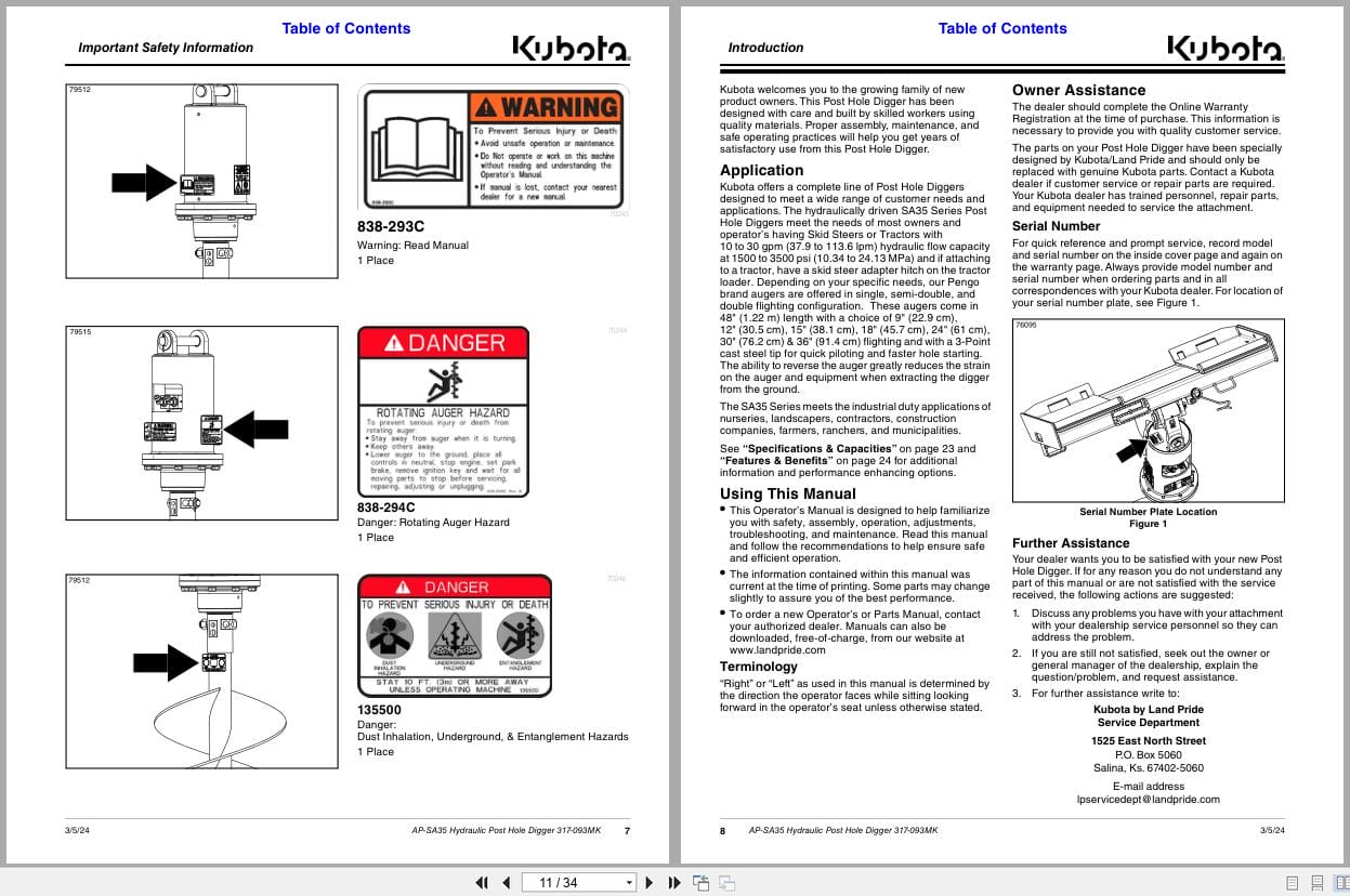 Kubota Hydraulic Post Hole Digger AP SA35 Operation Manual 317 093MK (2)