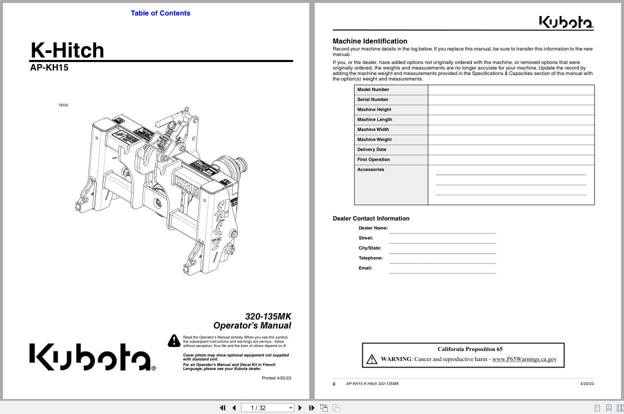 Kubota K Hitch AP KH15 Operation Manual 320 135MK (1)