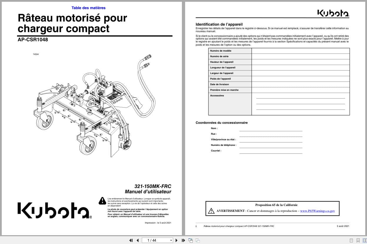 Kubota Lame Compact Powered Rakes AP CSR1048 Operator Manual 321 150MK FRC FR (1)