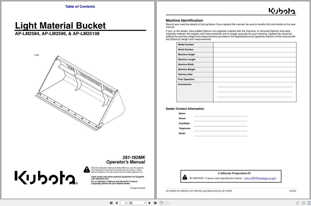 Kubota Light Material Bucket AP LM2584 AP LM2596 AP LM25108 Operation Manual 381 192MK (1)