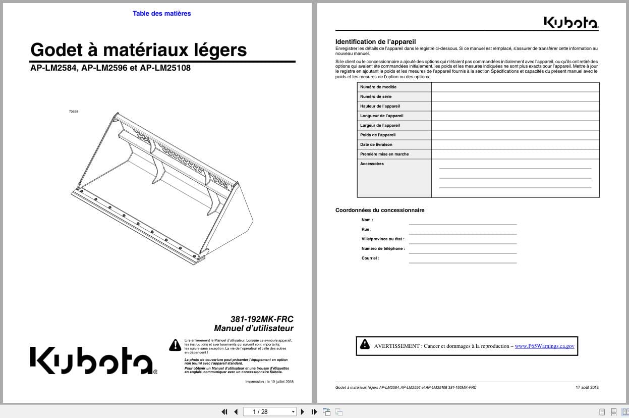 Kubota Light Material Bucket AP LM2584 AP LM2596 AP LM25108 Operator Manual 381 192MK FRC FR (1)