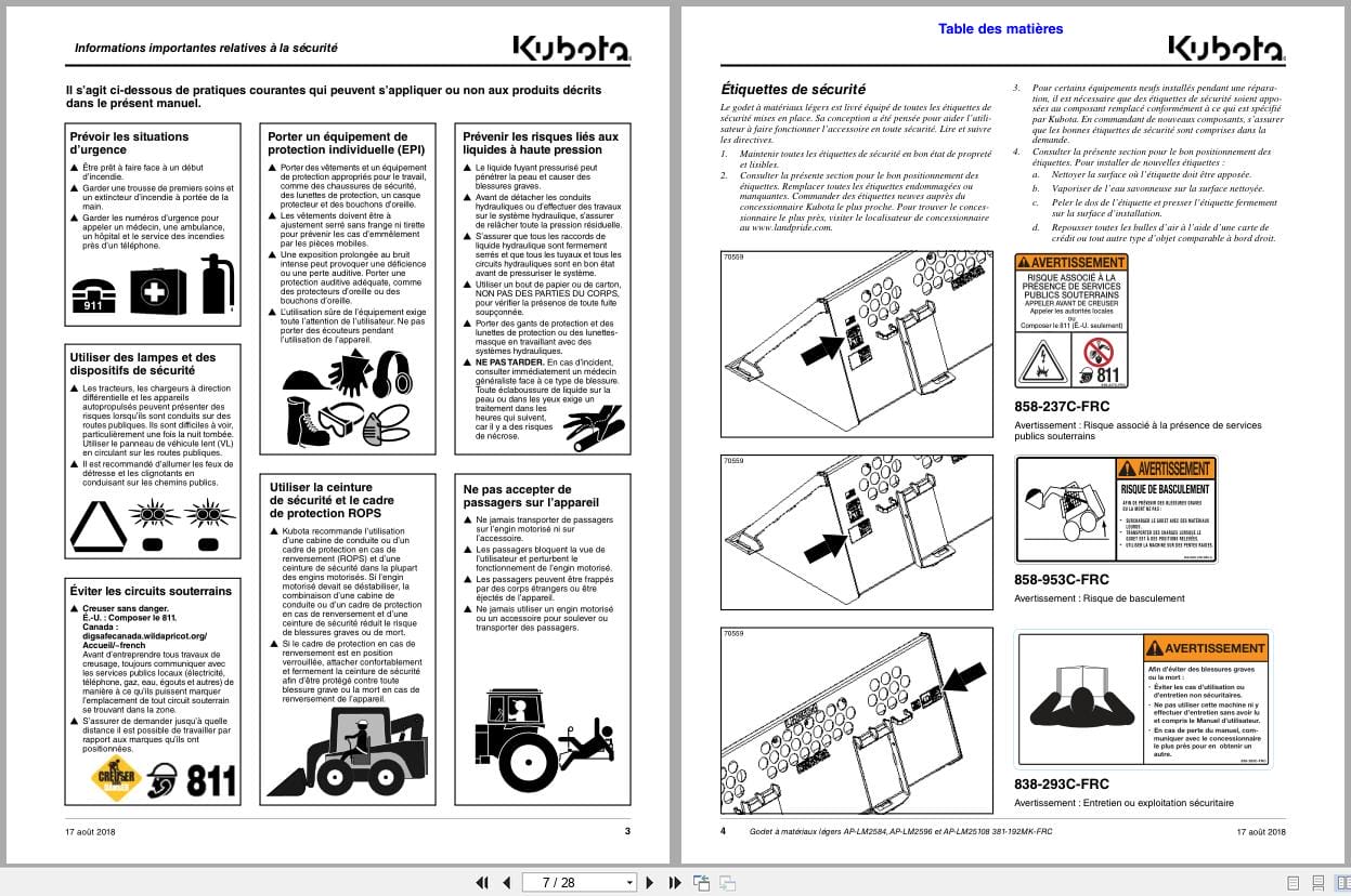 Kubota Light Material Bucket AP LM2584 AP LM2596 AP LM25108 Operator Manual 381 192MK FRC FR (2)